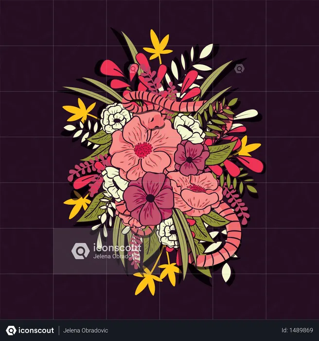 Selva floral con patrones sin fisuras de serpientes, flores y hojas tropicales, vibrantes dibujados a mano botánicos  Ilustración