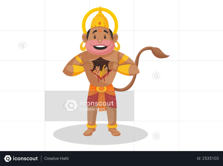 Lord Hanuman mostrando Lord Ram e as Deusas Sita em seu peito aberto  Ilustração