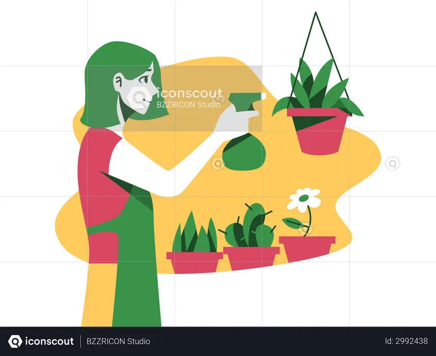 Senhora pulverizando água nas plantas  Ilustração