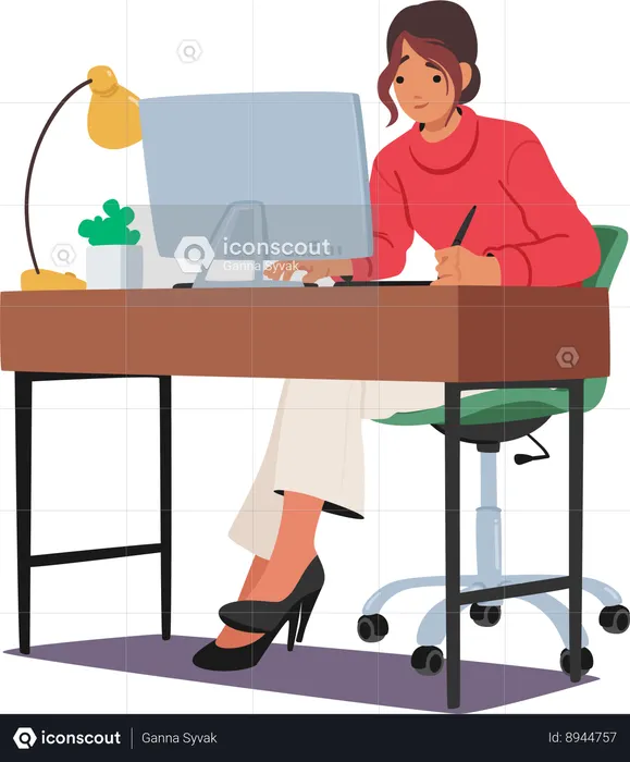 Senhora está trabalhando no tablet  Ilustração