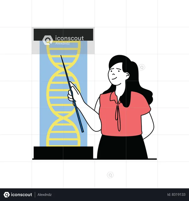 Senhora mostrando a estrutura do DNA  Ilustração