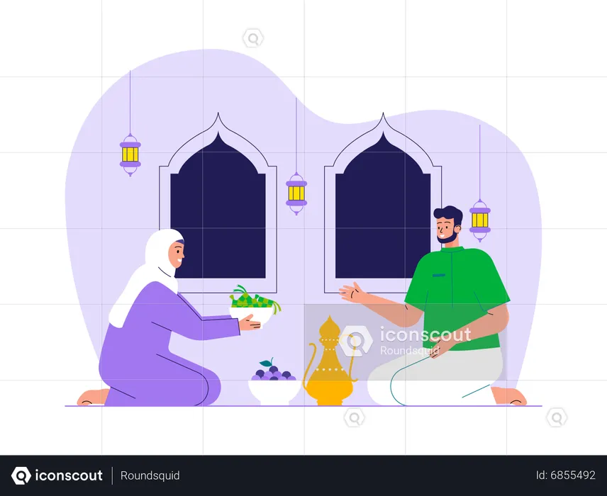 Senhora muçulmana compartilhando jantar com seu marido  Ilustração