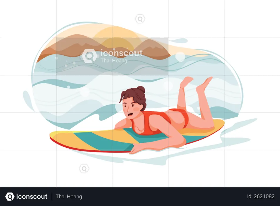 Senhora surfando no mar  Ilustração