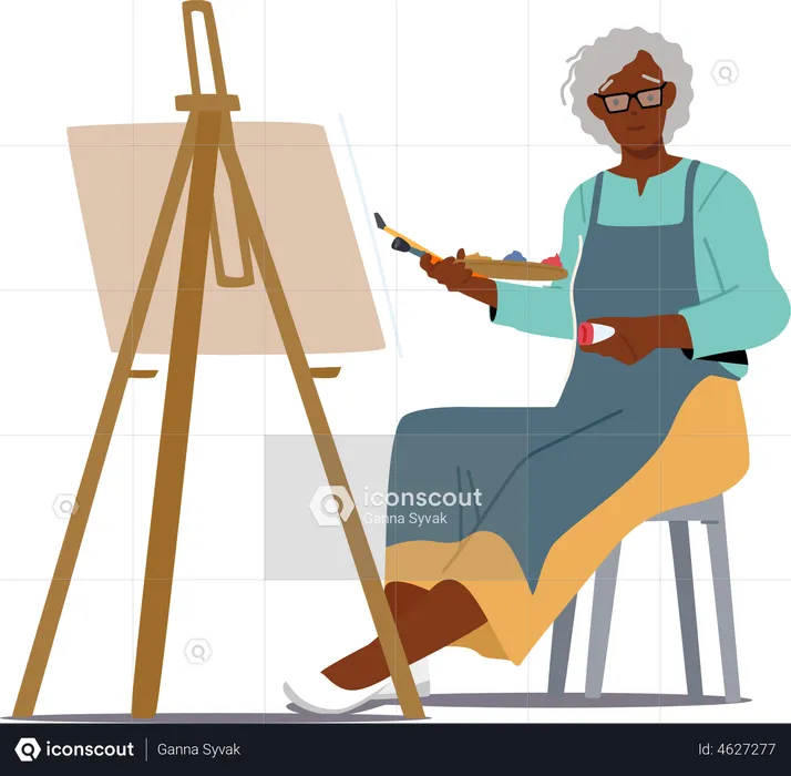 Senior African Woman Artist Hold Paintbrush and Drawing Picture  Illustration