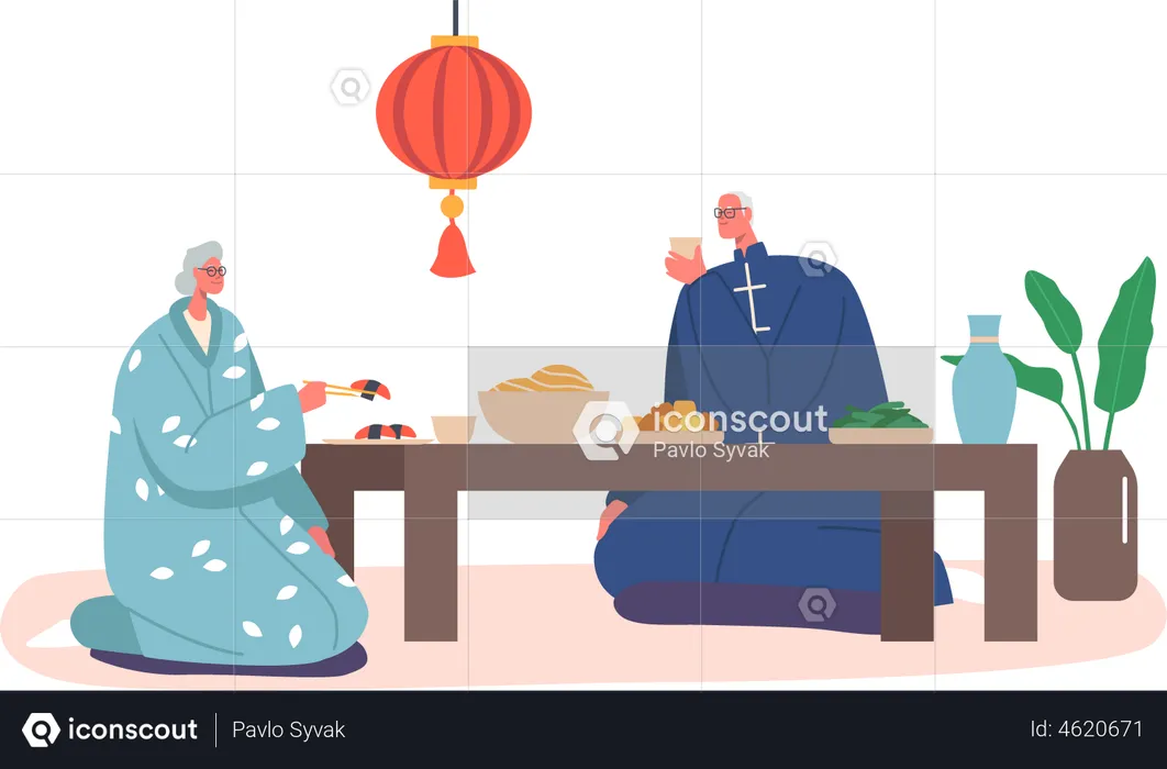 Senior Asian Male and Female Having Dinner at Home  Illustration