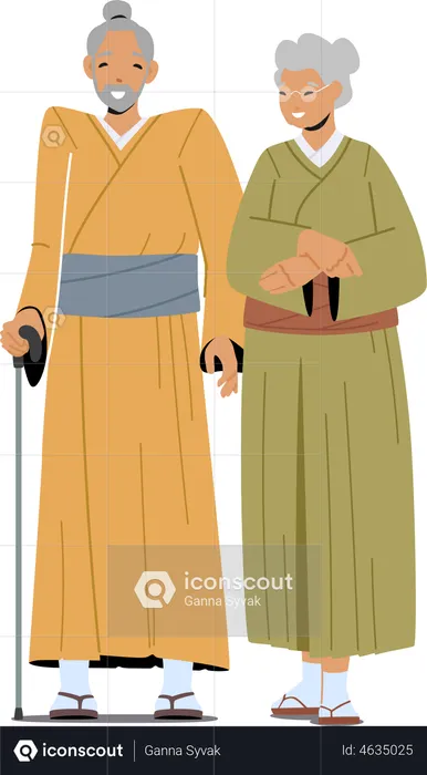 Senior Asian Man and Woman Wear Traditional Kimono  Illustration