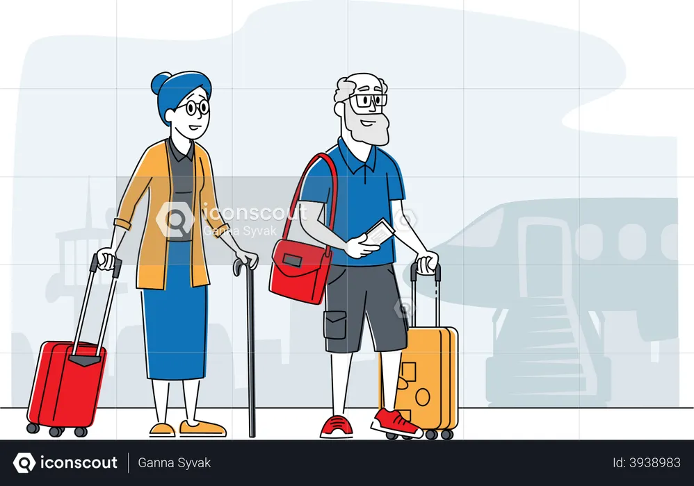 Senior citizen couple waiting for flight boarding  Illustration