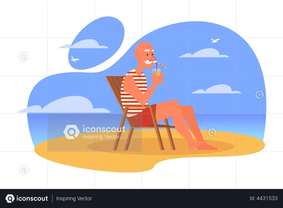 Senior citizen man having drinks while sitting at beach  Illustration