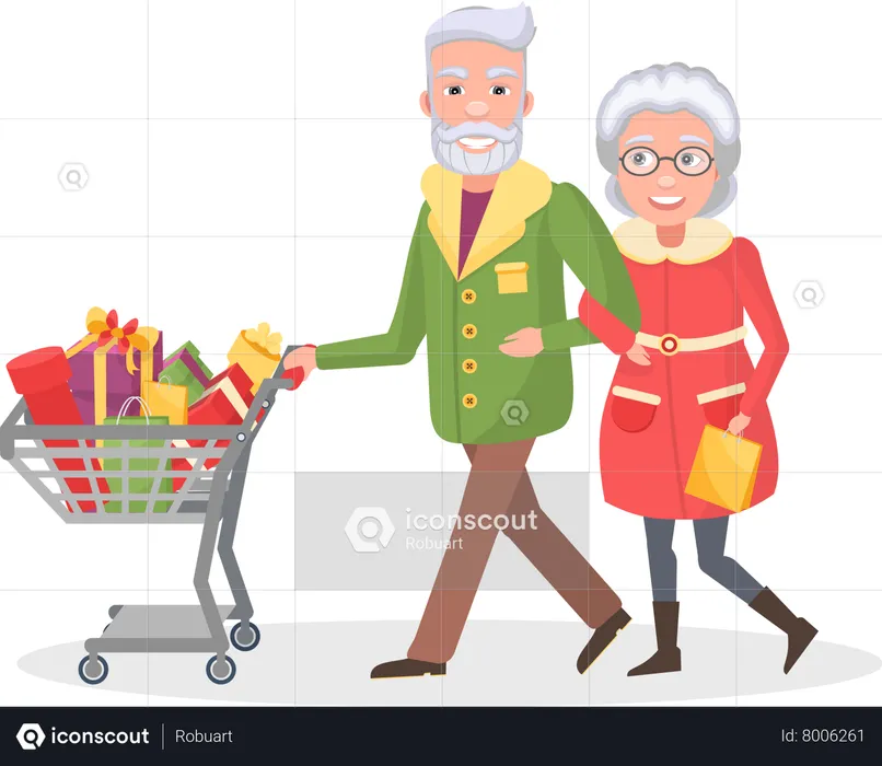 Senior Couple Doing Christmas Shopping  Illustration