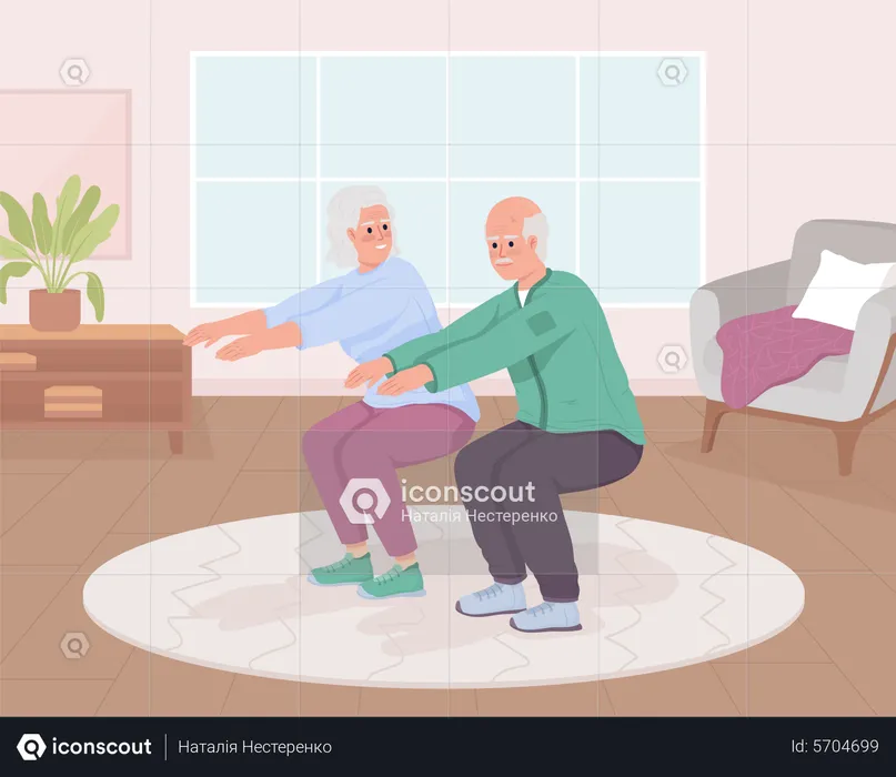 Senior couple doing sit ups at home  Illustration