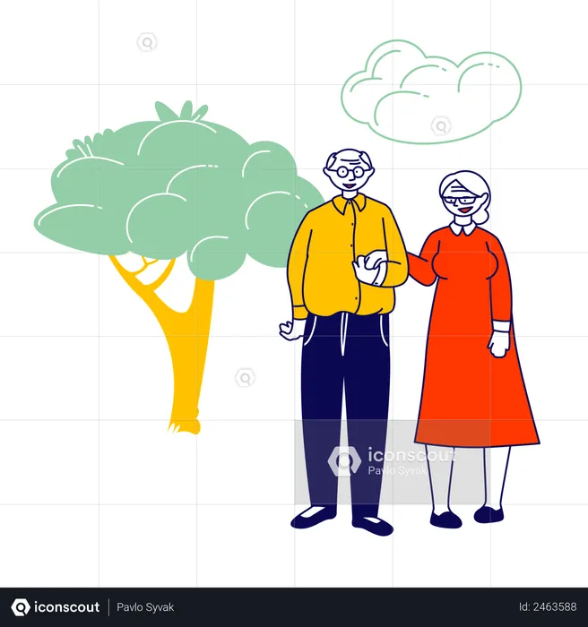 Senior Couple Holding Hands Stand Together on Nature Landscape Background  Illustration