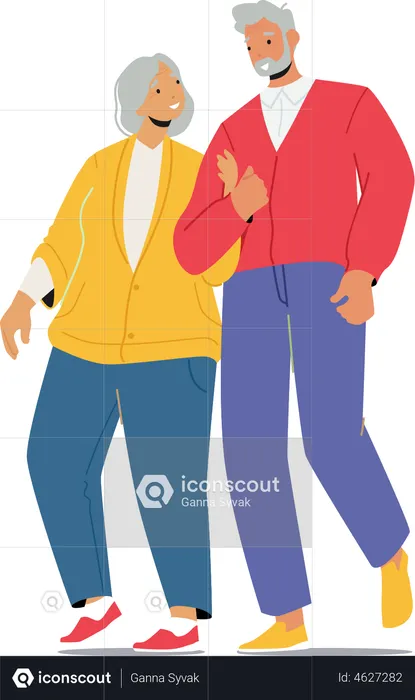 Senior Couple Holding Hands Walk Together  Illustration
