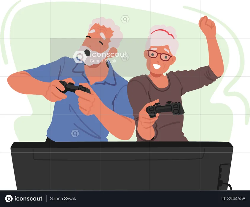 Senior couple is enjoying playing video games  Illustration