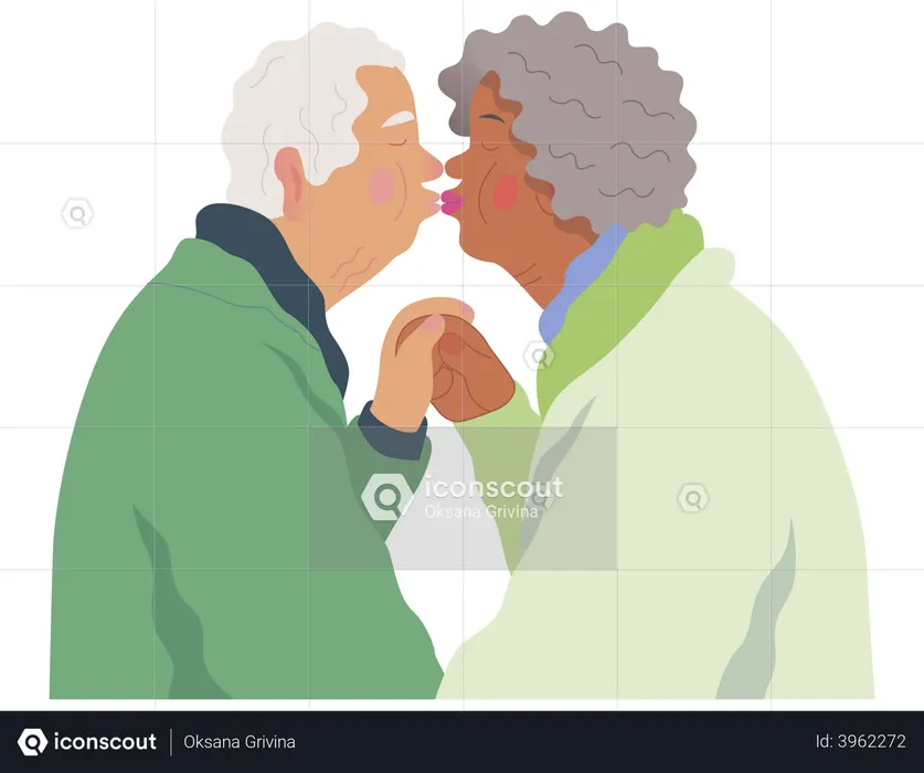 Senior Couple Lips Kissing  Illustration