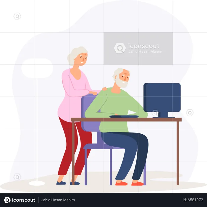 Senior couple looking at computer  Illustration