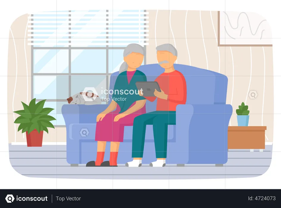 Senior couple sitting on couch and watching video on tablet  Illustration