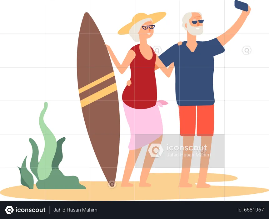 Senior couple talking selfie with surfing board  Illustration