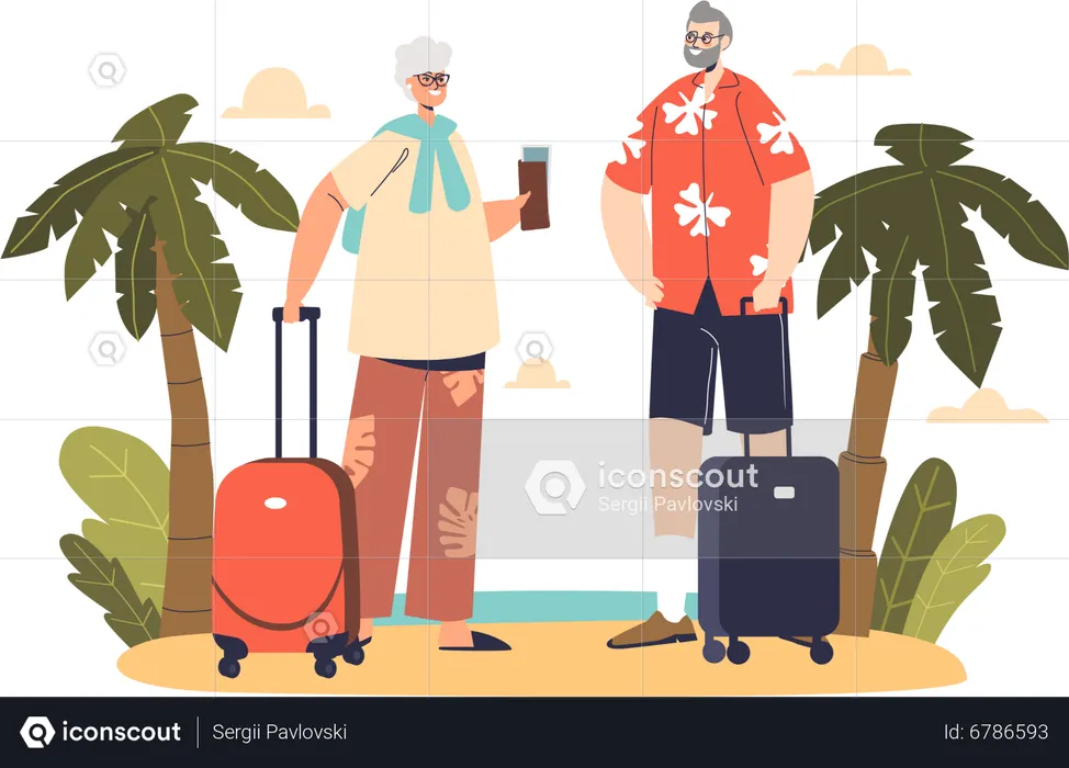 Senior couple travel on seaside vacation  Illustration