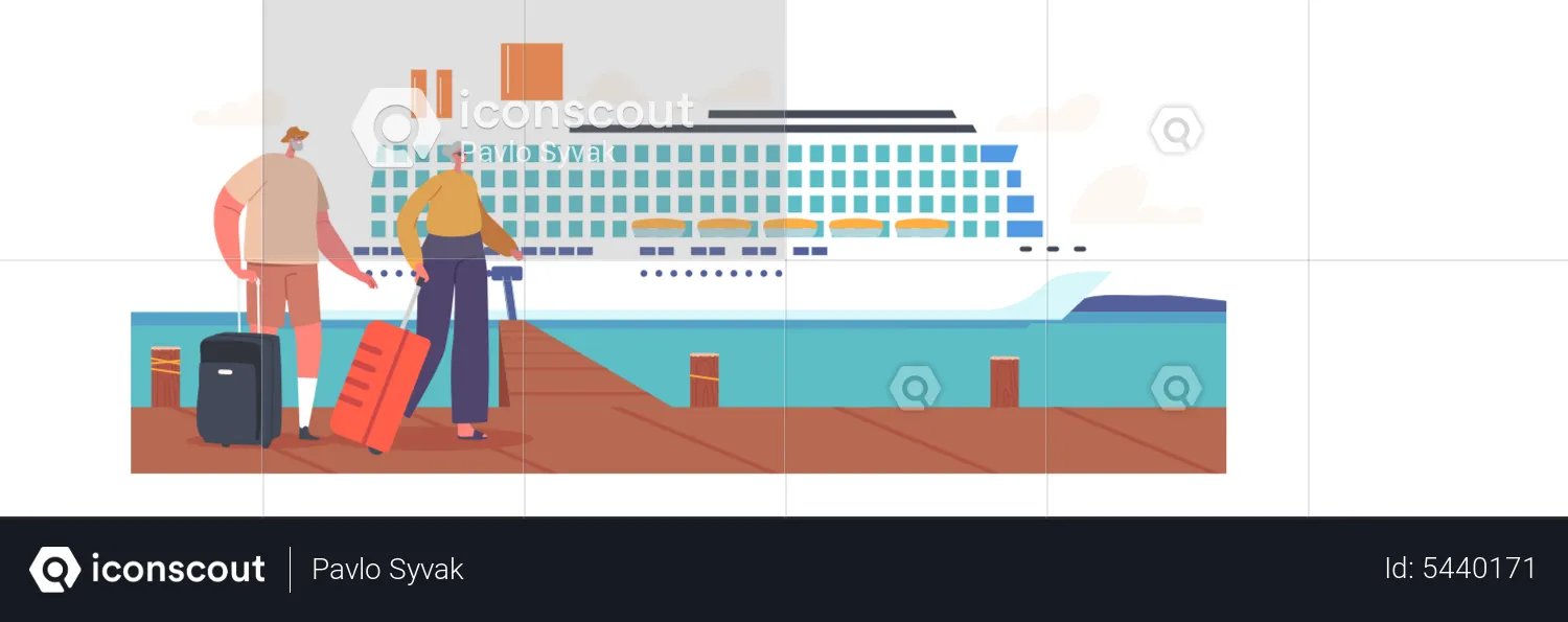 Senior Couple Waiting Boarding on Cruise Liner Deck  Illustration
