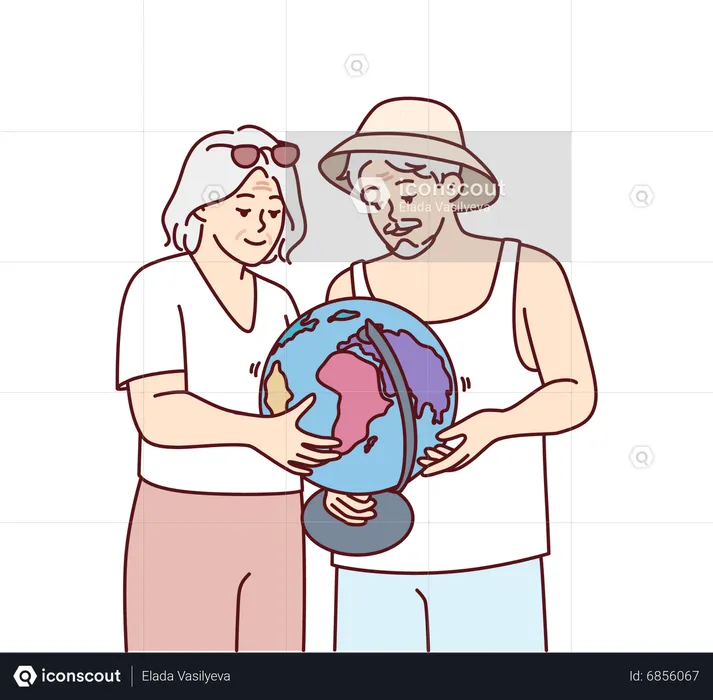 Senior couple watching world map  Illustration