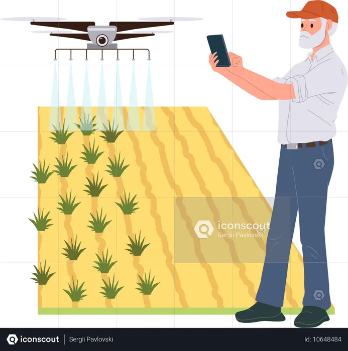 Senior farmer managing automated smart agricultural process of spraying field with drone  Illustration