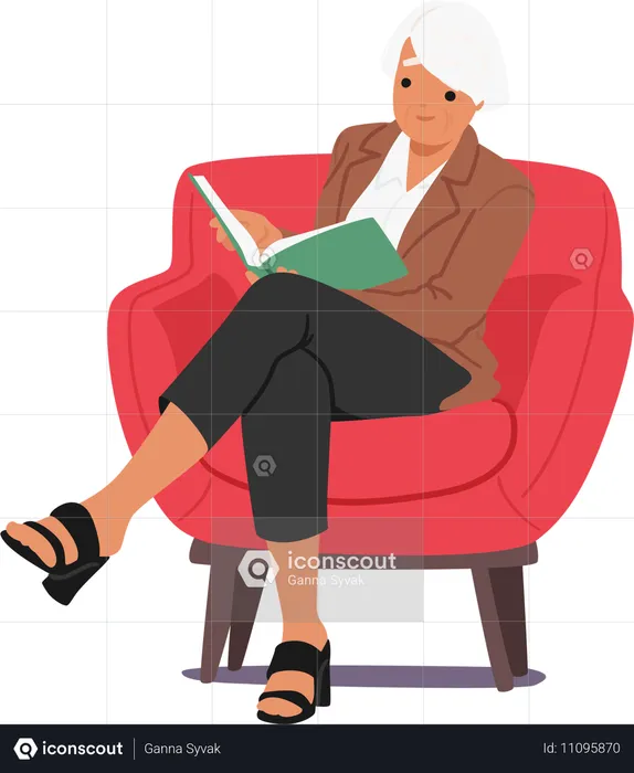 Senior Female Character Reading Sitting On Cozy Armchair  Illustration