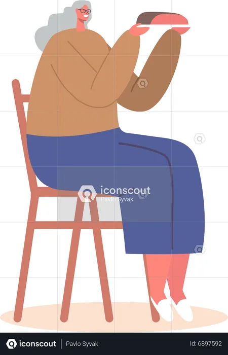 Senior Female Character Sitting on Chair Holding Plate with Meal  Illustration