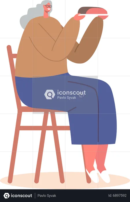 Senior Female Character Sitting on Chair Holding Plate with Meal  Illustration