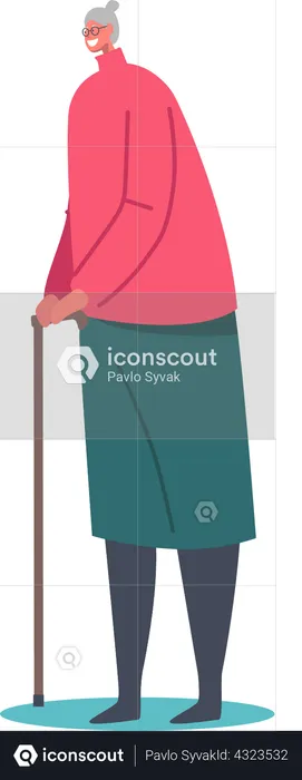 Senior Female Character with Walking Cane  Illustration