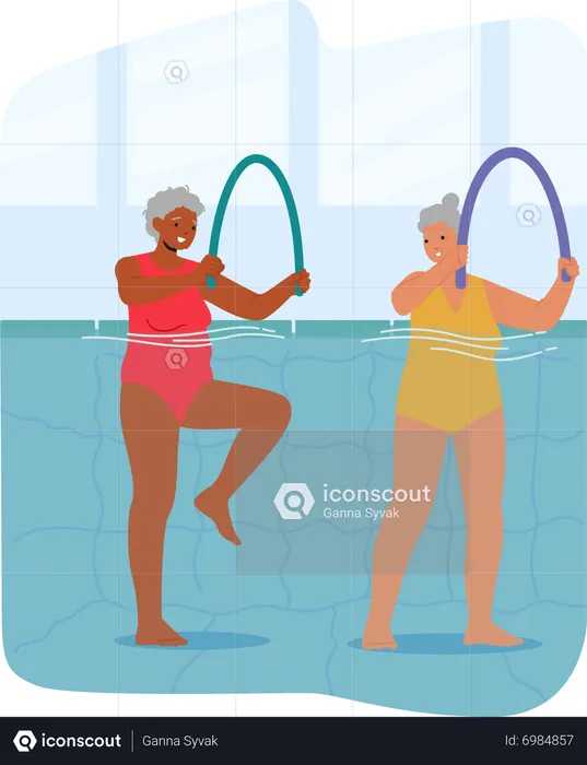 Senior female characters exercising in Pool  Illustration