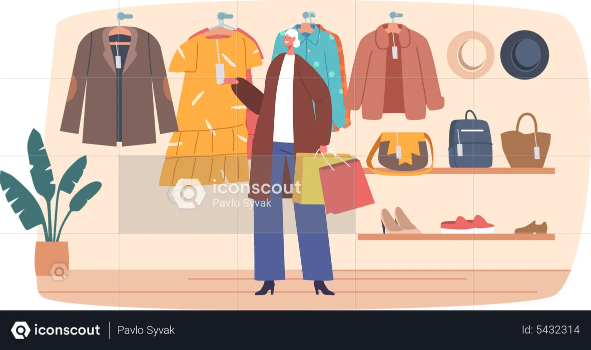 Senior Female Choose on Clothes in Store  Illustration
