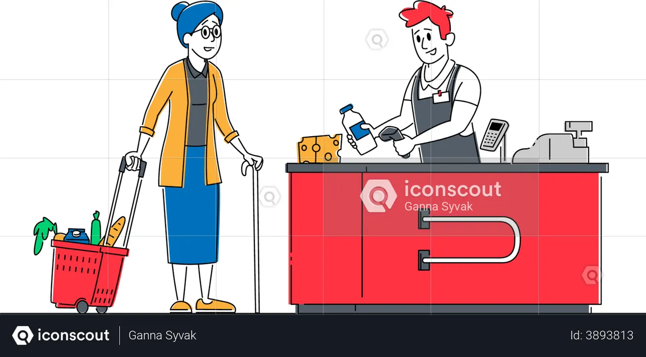 Senior Female Customer with Shopping Basket Stand in Supermarket  Illustration