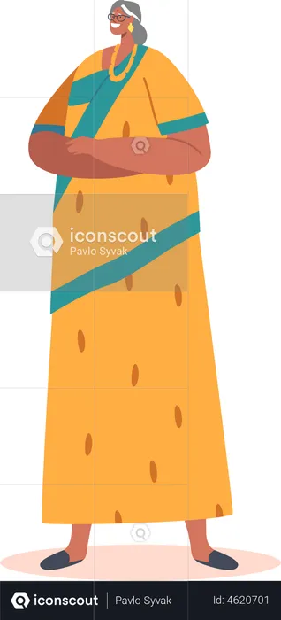 Senior Indian Woman wear Long Sari  Illustration