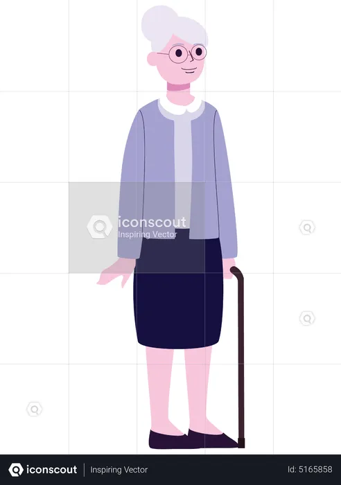 Senior lady standing with stick  Illustration