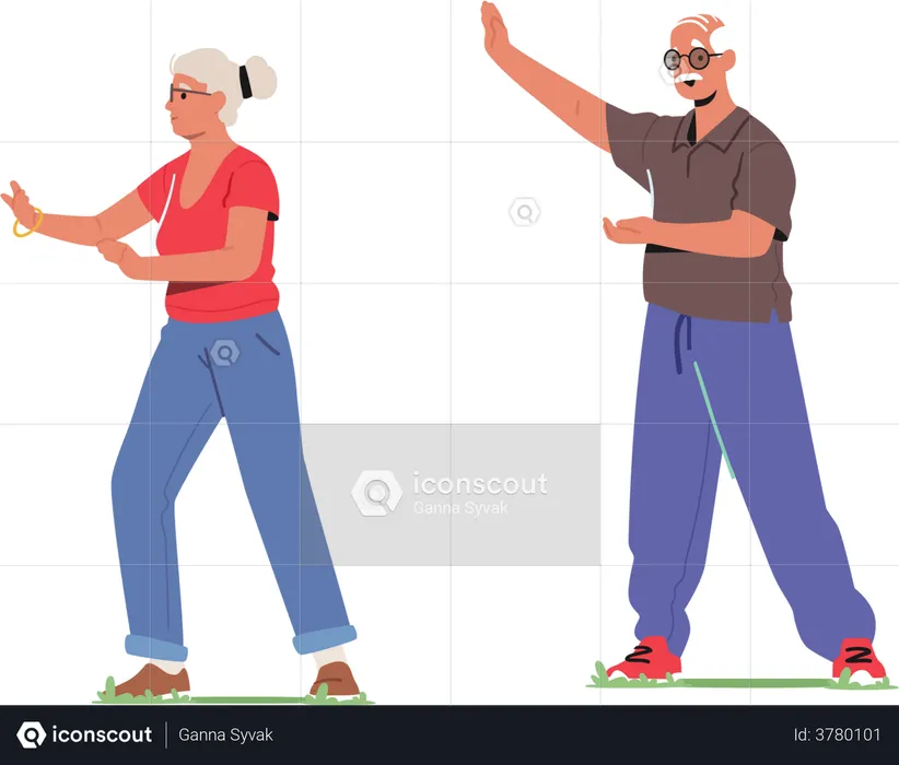 Senior Male and Female Characters Exercising at City Park  Illustration