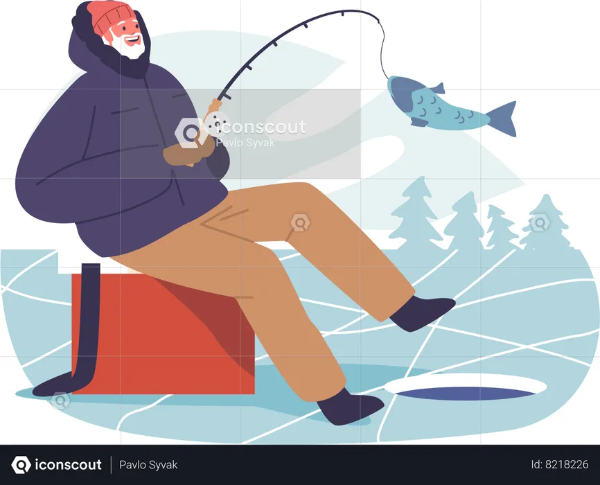 Senior Male, Bundled Against Cold and Sits Patiently On Frozen Lake  Illustration
