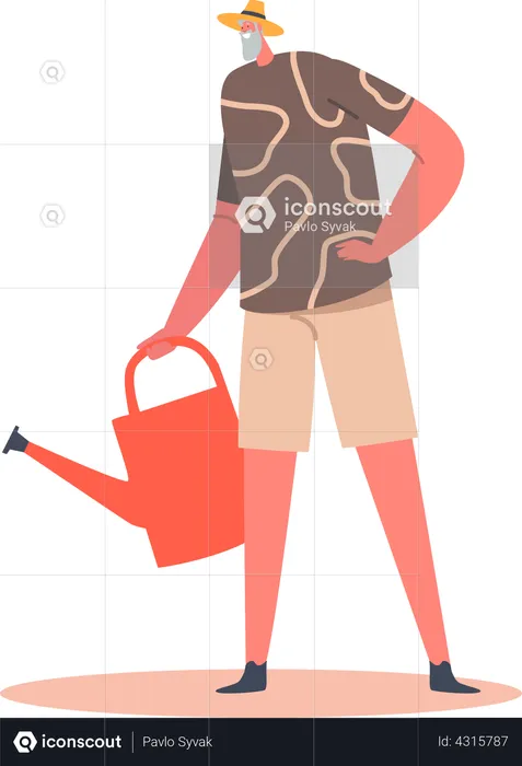 Senior Male Character in Hat Holding Watering Can  Illustration