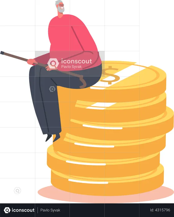 Senior Male Character Sitting on Huge Pile of Golden Coins  Illustration