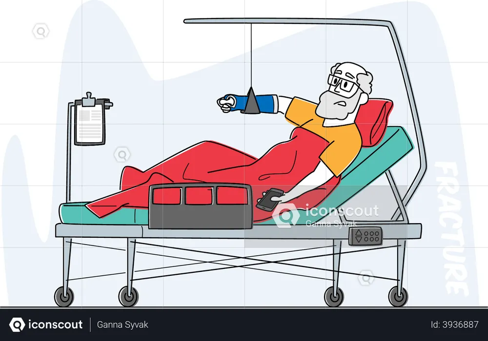 Senior Male Lying in Clinic Chamber with Broken Arm. Injured Bandaged Patient Lying on Bed with Bounded Hand  Illustration