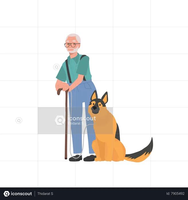 Senior man and his Loyal German Shepherd Enjoying  Illustration
