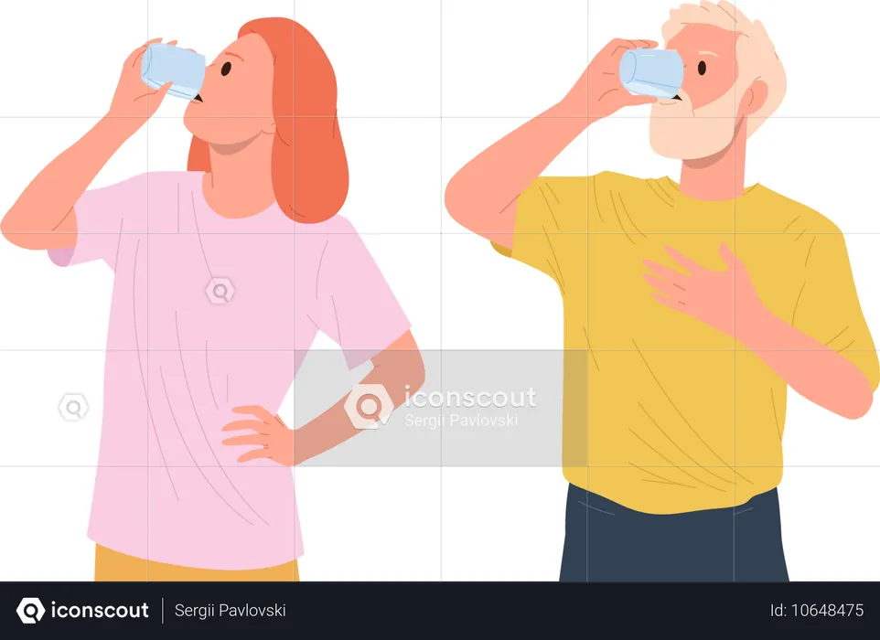 健康的な朝の習慣を持って水を飲む年配の男性と成熟した女性  イラスト