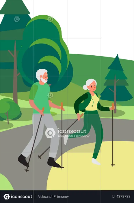 Senior man and woman walking together in garden  Illustration