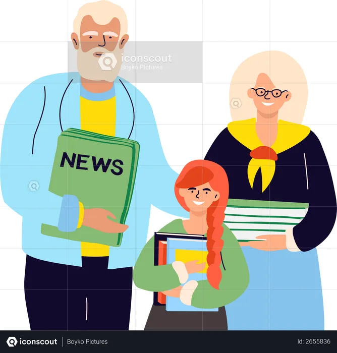 Senior man and woman with a granddaughter holding recyclables, papers, old books, newspapers  Illustration