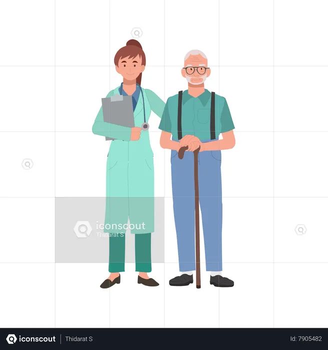 Senior man Grandpa Consulting with Female Doctor for Medical Advice  Illustration