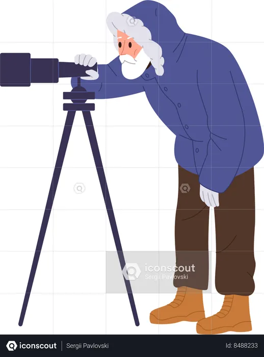 Senior man polar explorer in warm protective clothes looking through telescope  Illustration