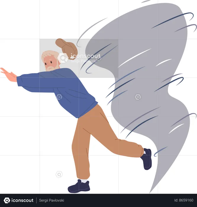 Senior man running away from dangerous tornado natural disaster  Illustration