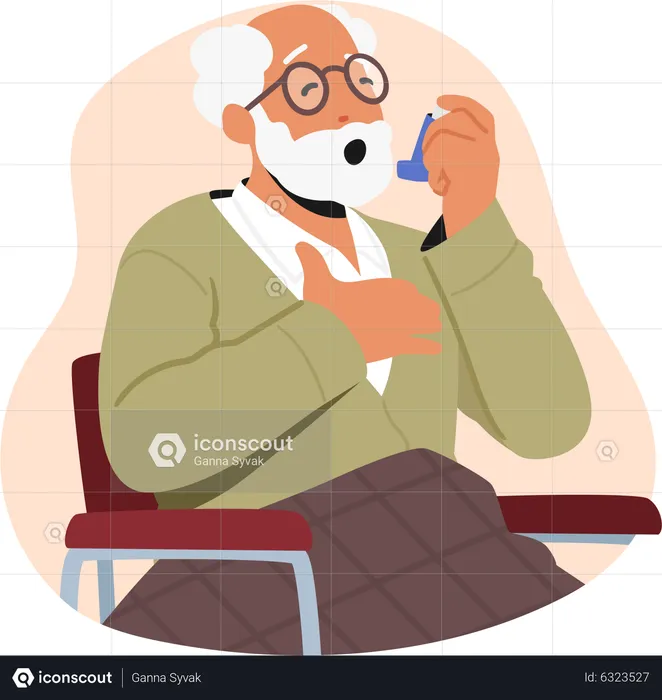 Senior man use inhaler during asthma attack  Illustration