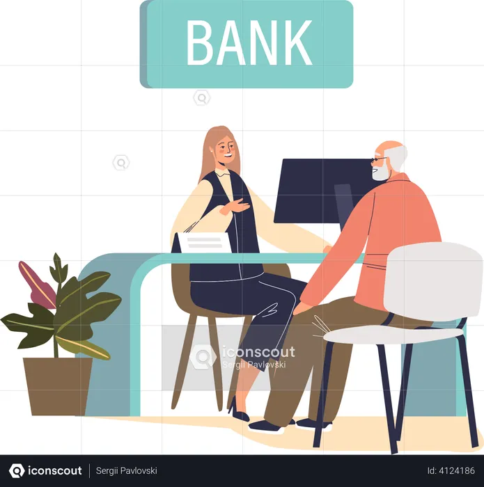 Senior man visit bank sit in office talking to manager of credit or deposit department worker  Illustration