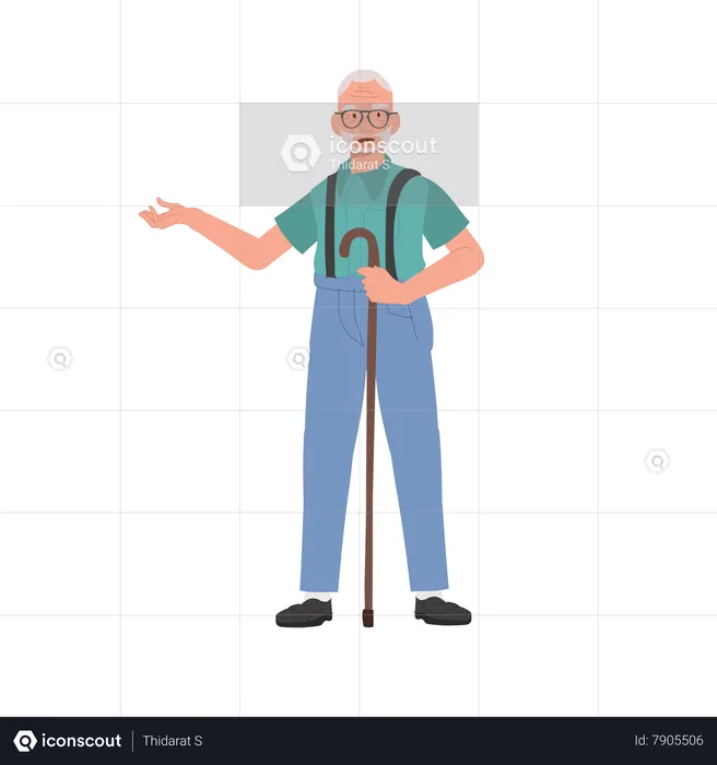 Senior man with cane stick is introducing  Illustration