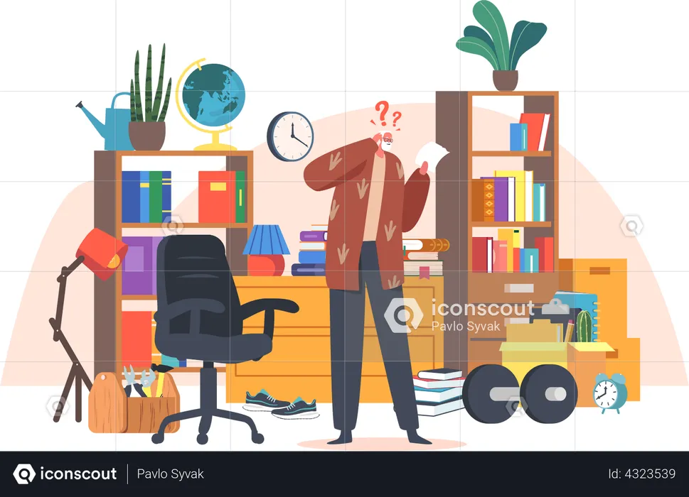 Senior Man with ist Stand at Messy Room  Illustration
